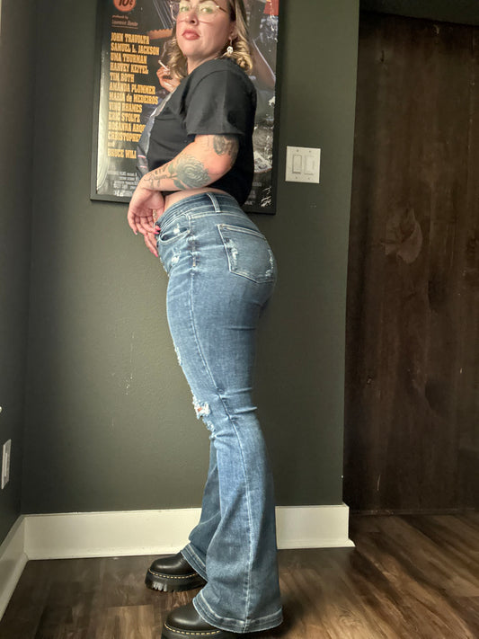 Midrise Button Fly Distressed Trouser Flare