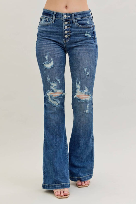 Midrise Button Fly Distressed Trouser Flare