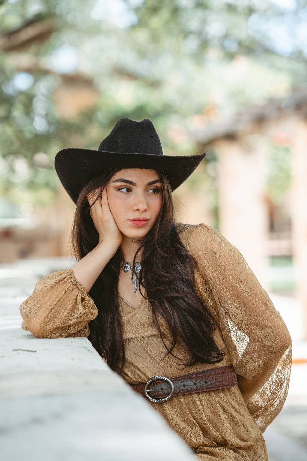 Floral Embossed Leather Belt with Rhinestone Ring Buckle